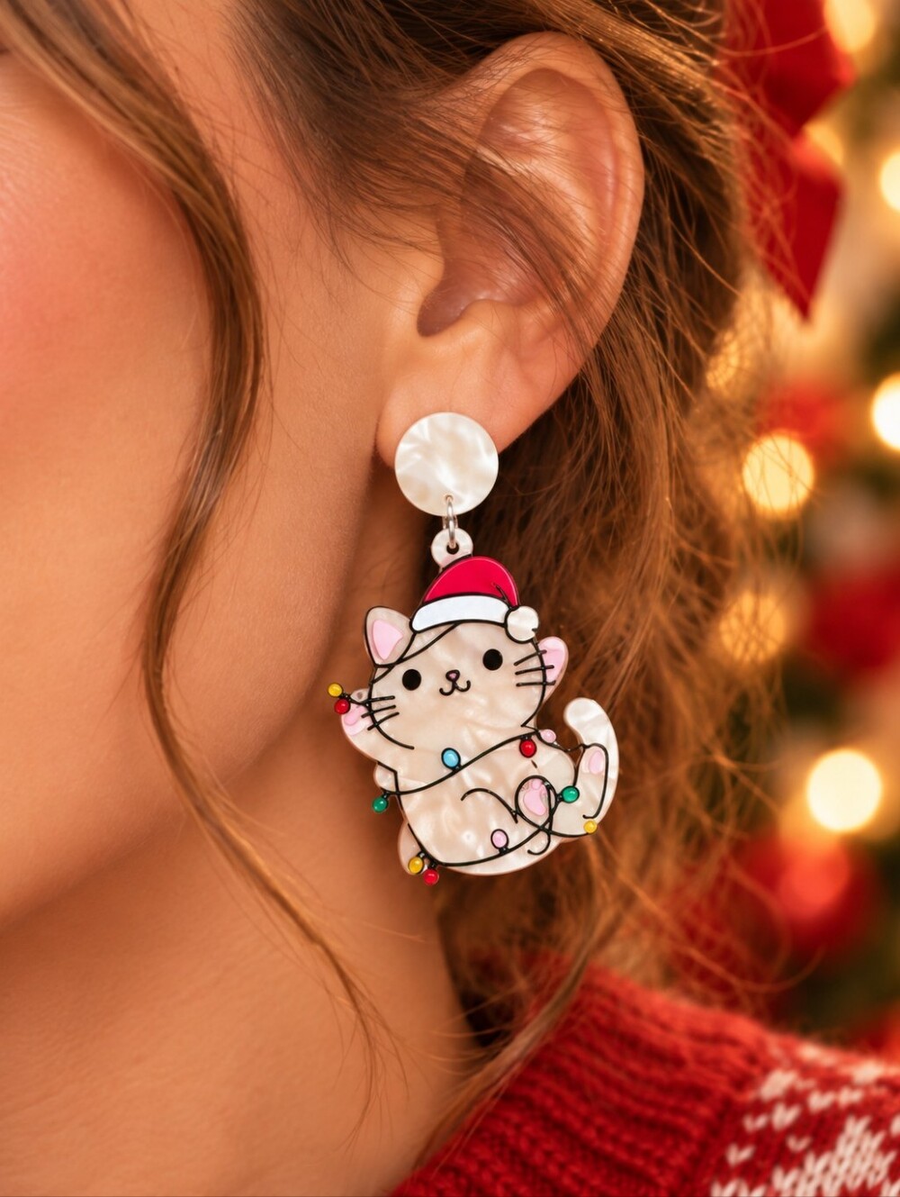 MODCLOTH ACRYLIC CHRISTMAS KITTY EARRINGS